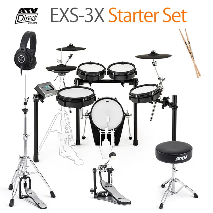 ATV EXS-3X Starter Set - 日本メーカーの簡単操作でリアルな演奏が可能な高音質電子ドラムセット、初心者から上級者まで対応、お子様や小柄な女性におすすめ、すぐに演奏できる、EXS-5のスネアとキックドラムを採用