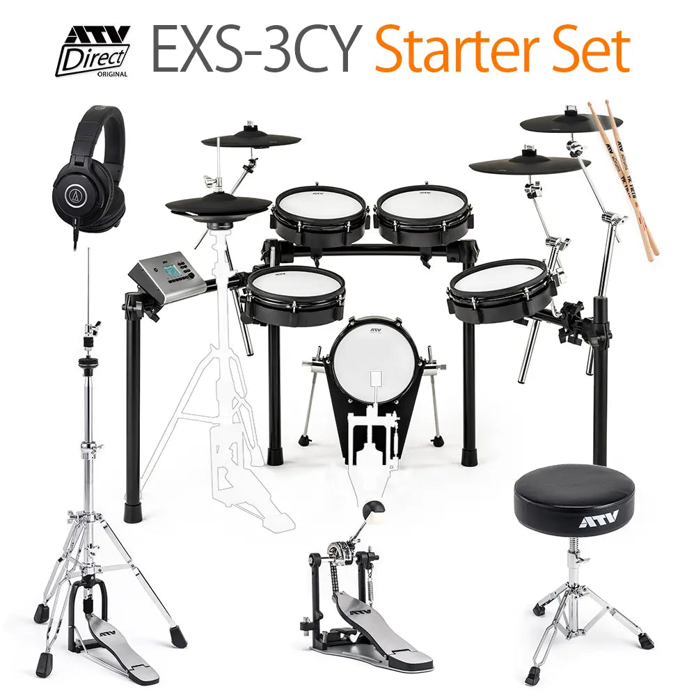 ATV EXS-3CY Starter Set - 日本メーカーの簡単操作でリアルな演奏が可能な高音質電子ドラムセット、初心者から上級者まで対応、お子様や小柄な女性におすすめ、すぐに演奏できる