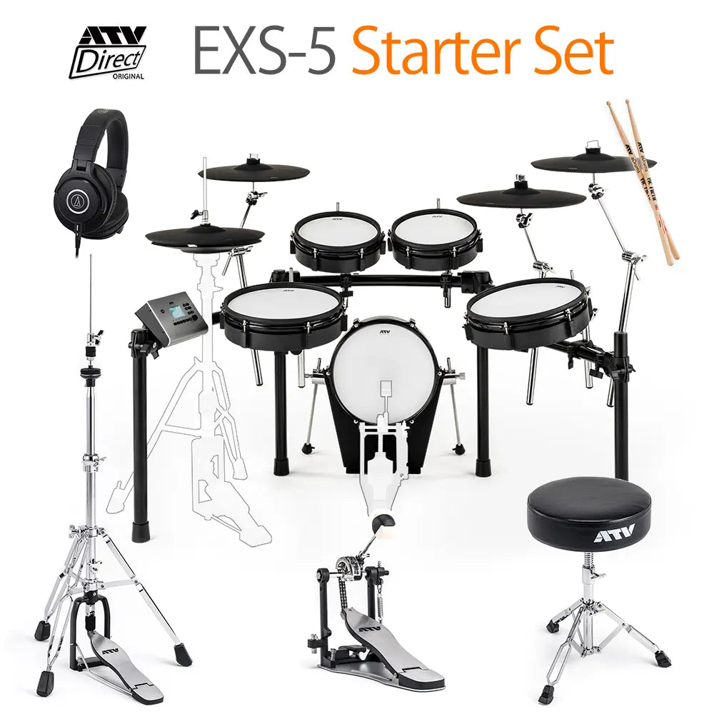 ATV EXS-5 Starter Set - 日本メーカーの簡単操作でリアルな演奏が可能な高音質電子ドラムセット、初心者から上級者まで対応、標準サイズで価格と性能のバランスに優れた人気のおすすめモデル、すぐに演奏できる